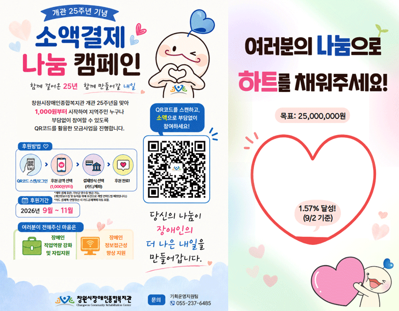 25주년 기념 소액결제 나눔 캠페인 - 창원시장애인복지관 개관 25주년을 맞아 1,000원부터 시작하여 지역주민 누구나 부담없이 QR코드를 활용한 모금사업을 진행합니다. 여러분의 나눔으로 하트를 채워주세요! 목표 : 25,000,000원