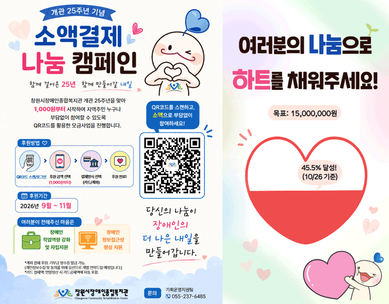 25주년 기념 소액결제 나눔 캠페인 - 창원시장애인복지관 개관 25주년을 맞아 1,000원부터 시작하여 지역주민 누구나 부담없이 QR코드를 활용한 모금사업을 진행합니다. 여러분의 나눔으로 하트를 채워주세요! 목표 : 25,000,000원